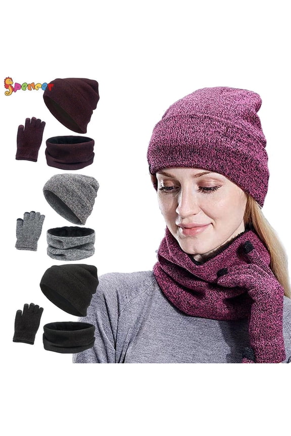 Winter 3PCS Beanie Hat Gloves Scarf for Men and Women, Knit Fleece Lined Warm Touchscreen Gloves Beanie Infitiny Scarf Set (Rose Red)