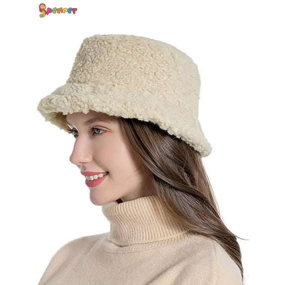 Spencer Winter Bucket Hat for Women Men Warm Cloche Hats Vintage Faux Fur Fisherman Cap "Beige"