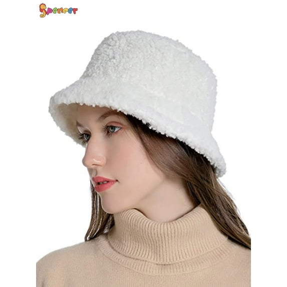 Spencer Winter Bucket Hat for Women Men Warm Cloche Hats Vintage Faux Fur Fisherman Cap "White"