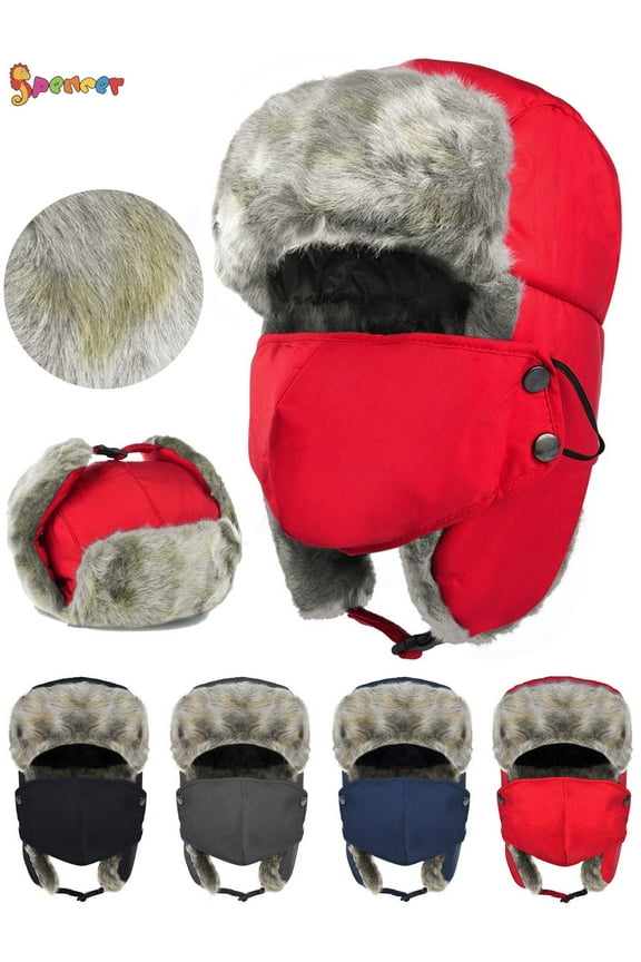 Winter Trapper Trooper Hat Windproof Thermal Russian Ushanka Hat with Ear Flap Mask for Men Women Hunting Outdoor Warm Hats, Red