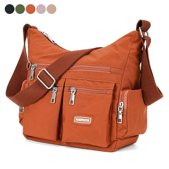 Spencer Women 9-Pockets Crossbody Bag Waterproof Nylon Single Shoulder Bag Travel Purses Handbags Lightweight Ladies Satchel Bag, Orange