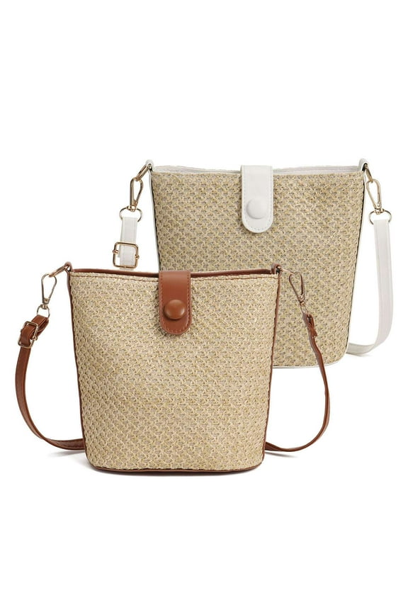 Women Beach Purse Straw Woven Crossbody Shoulder Bag Casual Messenger Bag Fashion Buckets Handbag (White)