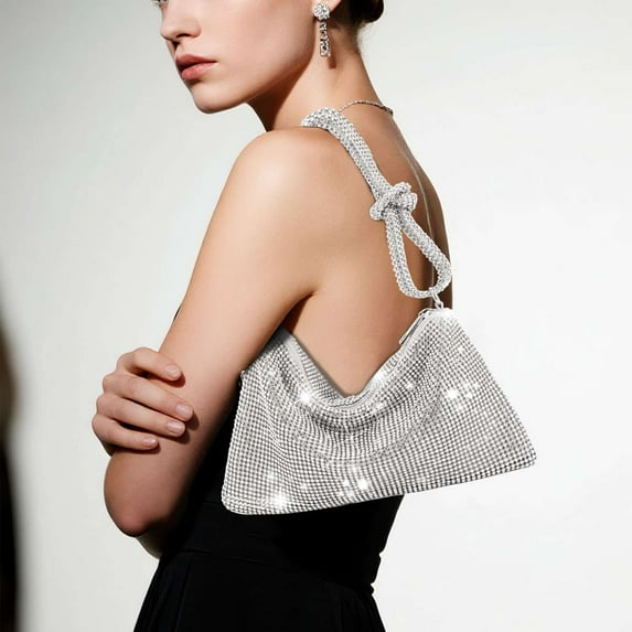 Spencer Women Chic Evening Bag Glitter Handbag Shiny Purse for Travel Vacation Party Lady Rhinestone Clutch Purse Shoulder Bag, Silver