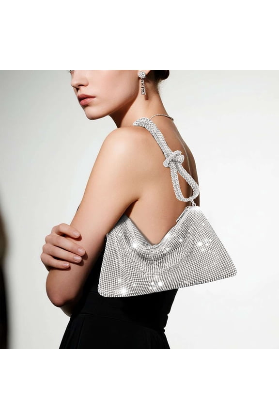 Women Chic Evening Bag Glitter Handbag Shiny Purse for Travel Vacation Party Lady Rhinestone Clutch Purse Shoulder Bag, Silver