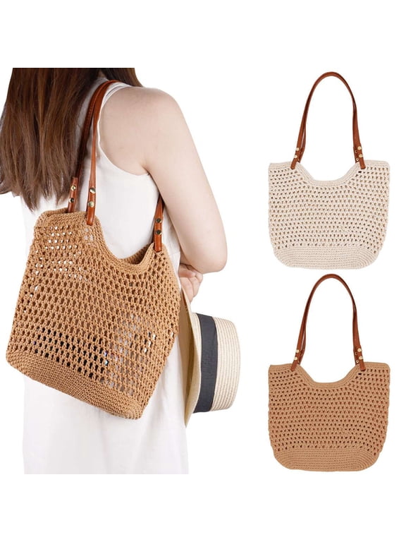 Women Crochet Bag Summer Tote Bag Mesh Shoulder Bag Lightweight Woven Purses Bag for Vacation, Khaki