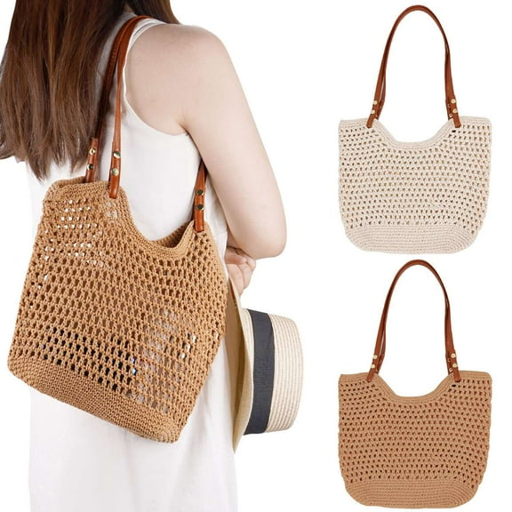 Spencer Women Crochet Bag Summer Tote Bag Mesh Shoulder Bag Lightweight Woven Purses Bag for Vacation, White