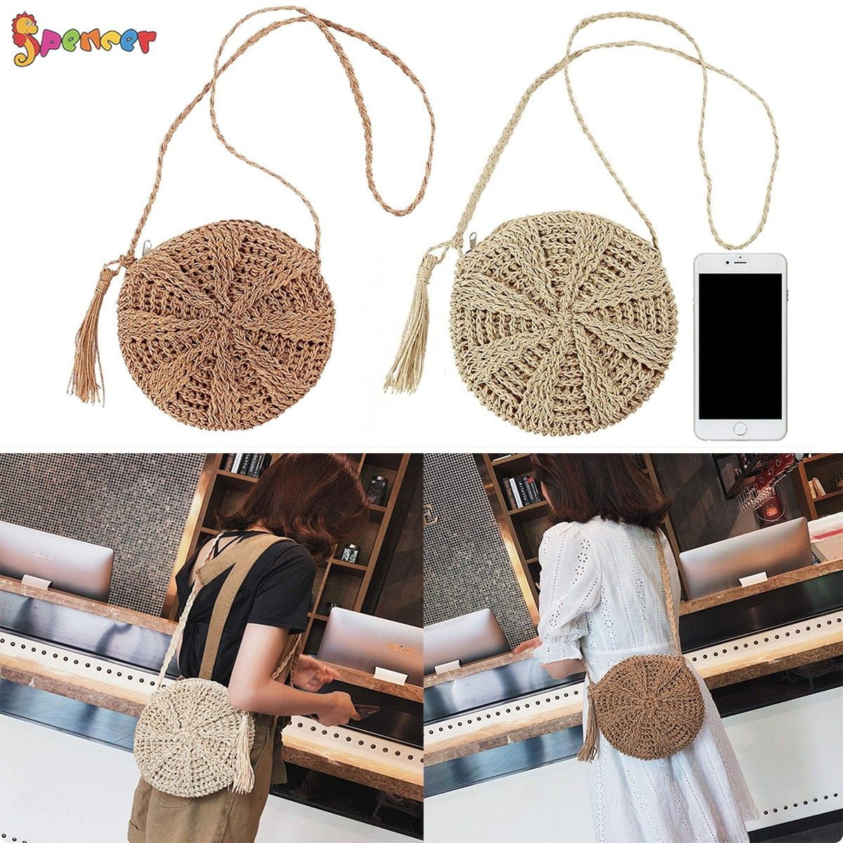 Spencer Women Crochet Round Straw Crossbody Shoulder Bag Handmade Woven