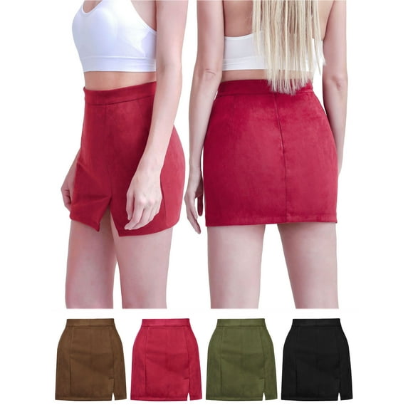 Spencer Women High Waist Bodycon Short Dress Faux Suede A-Line Split Mini Pencil Skirt "S,Black"