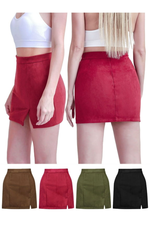 Women High Waist Bodycon Short Dress Faux Suede A-Line Split Mini Pencil Skirt "S,Red"