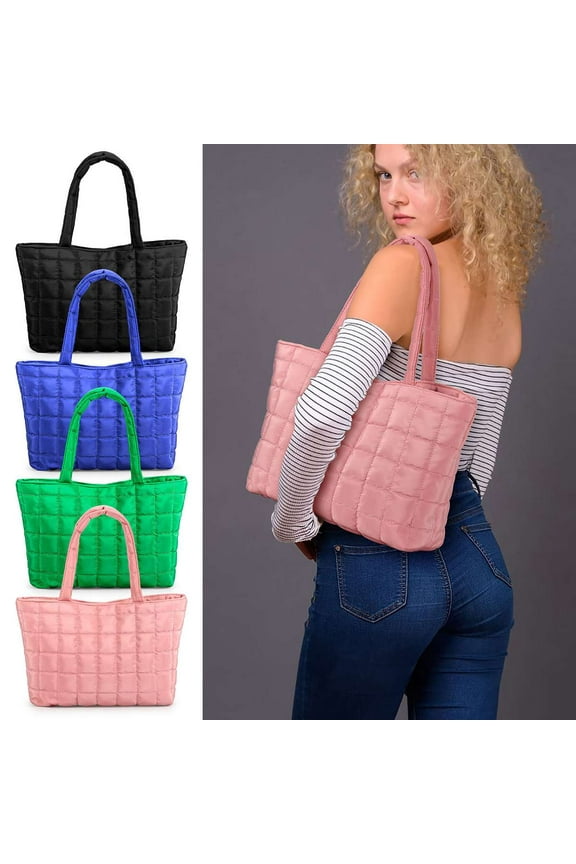 Women Puffer Shoulder Bag Quilted Tote Bag Lightweight Puffy Handbag Padding Lattice Satchel Purse Underarm, Pink