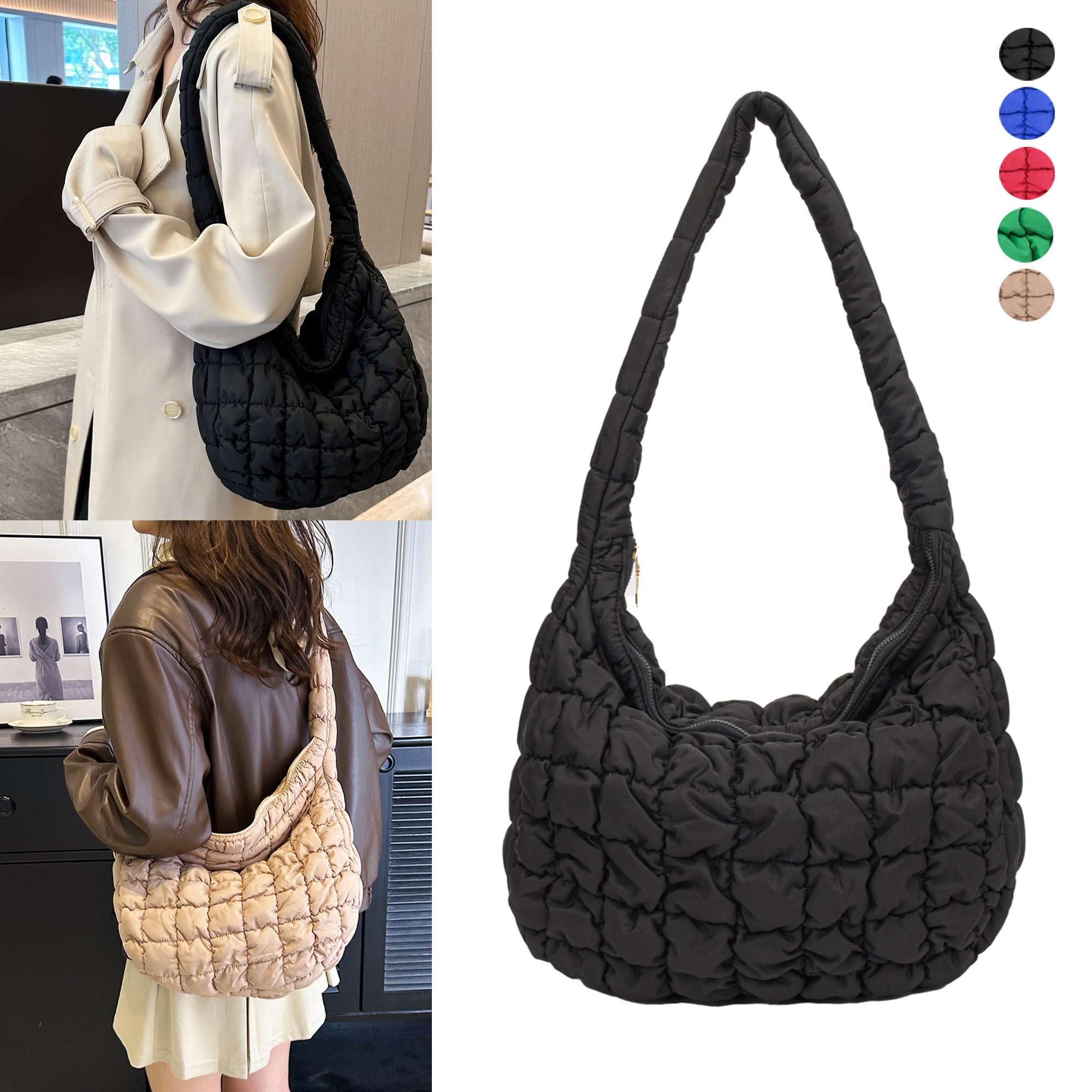 Spencer Women Puffer Shoulder Bag Quilted Tote Bag Lightweight Puffy Handbag Satchel Crossbody Bag for Girls Black