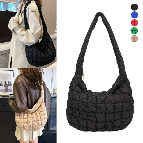 Spencer Women Puffer Shoulder Bag Quilted Tote Bag Lightweight Puffy Handbag Satchel Crossbody Bag for Girls, Black