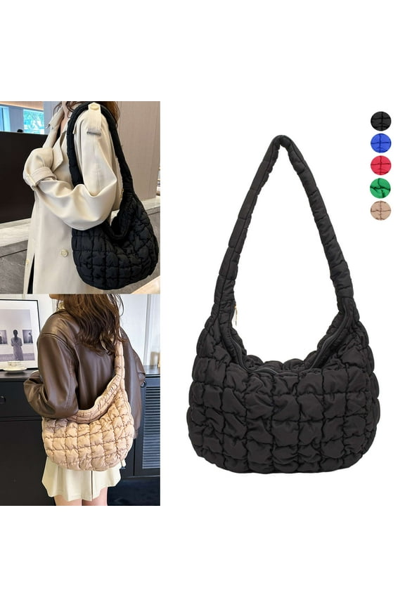 Women Puffer Shoulder Bag Quilted Tote Bag Lightweight Puffy Handbag Satchel Crossbody Bag for Girls, Black