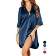 thumbnail image 1 of Spencer Women Satin Nightshirt Button Down Nightgown 3/4 Short Sleeve V-Neck Boyfriend Sleepshirt Side Slit Sleepwear Home Wear (L,Navy), 1 of 10