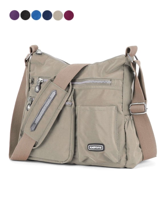 Women Shoulder Bags Multiple Pockets Handbags Bags For Ladies Nylon Crossbody Bag Wallets Purses Fashion Satchel Large Messenger (Apricot)
