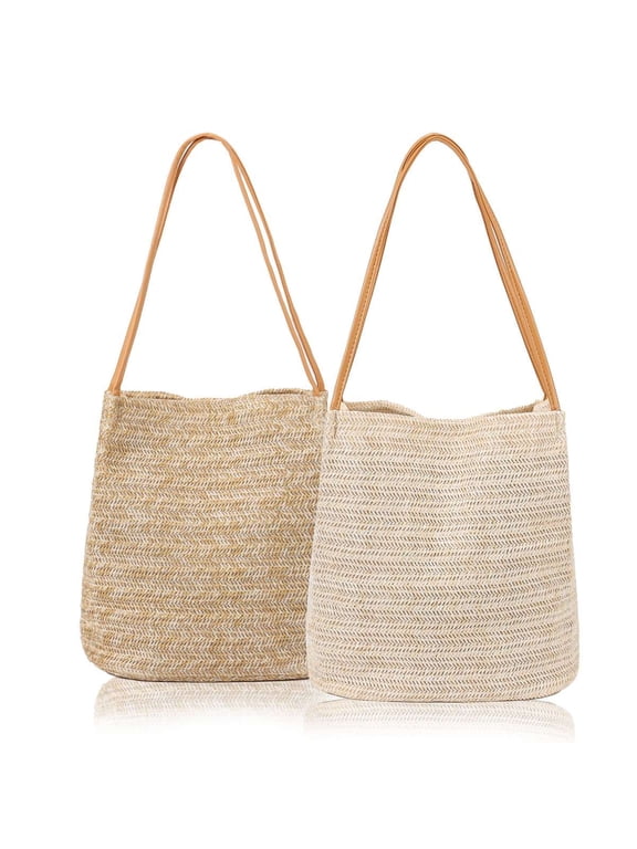 Women Straw Beach Bag Tote Shoulder Bag Fashion Woven Shoulder Purse Handbag (Dark Beige)
