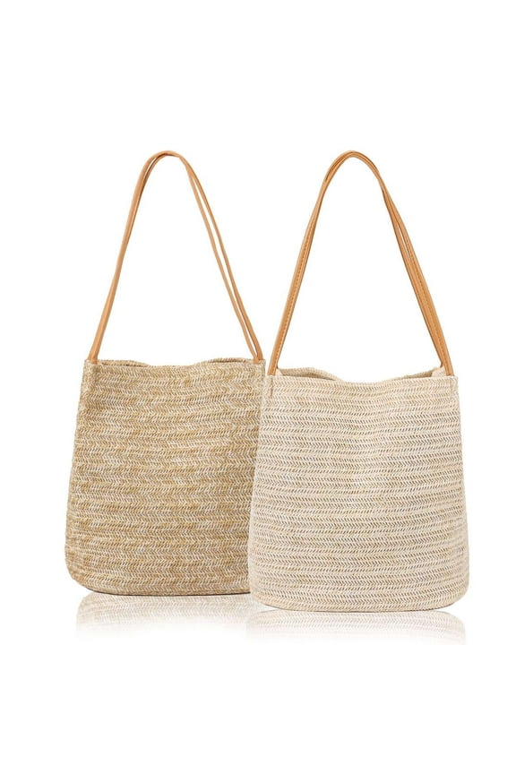 Women Straw Beach Bag Tote Shoulder Bag Fashion Woven Shoulder Purse Handbag (Dark Beige)