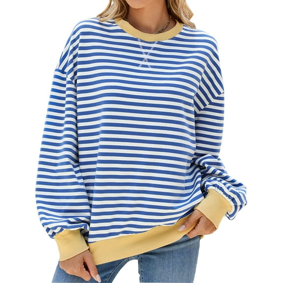 Spencer Women Striped Oversized Sweatshirt Long Sleeve Crewneck Hoodies Shirts Fall Pullover Top Trendy Preppy Clothes (2XL, Blue)