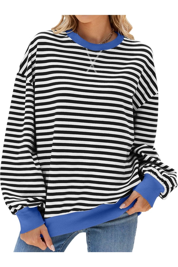 Women Striped Oversized Sweatshirt Long Sleeve Crewneck Hoodies Shirts Fall Pullover Top Trendy Preppy Clothes (S, Black)