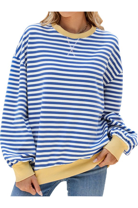 Women Striped Oversized Sweatshirt Long Sleeve Crewneck Hoodies Shirts Fall Pullover Top Trendy Preppy Clothes (S, Blue)
