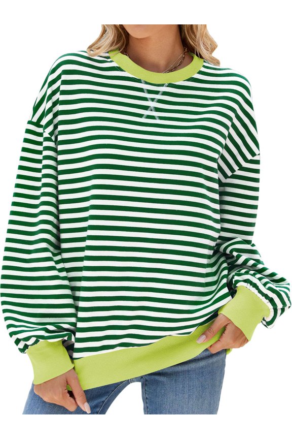 Women Striped Oversized Sweatshirt Long Sleeve Crewneck Hoodies Shirts Fall Pullover Top Trendy Preppy Clothes (S, Green)