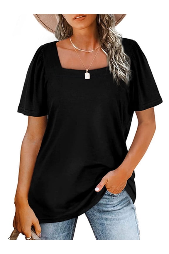 Women Summer Puff Short Sleeve Blouse Square Neck T Shirts Solid Color Loose Tops Casual Shirt (L,Black)