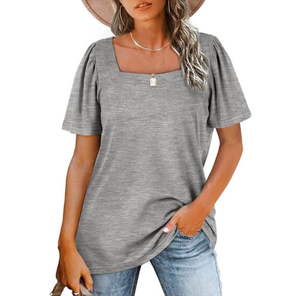 Spencer Women Summer Puff Short Sleeve Blouse Square Neck T Shirts Solid Color Loose Tops Casual Shirt (L,Gray)
