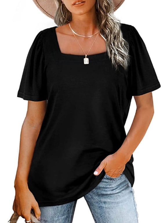 Women Summer Puff Short Sleeve Blouse Square Neck T Shirts Solid Color Loose Tops Casual Shirt (S,Black)