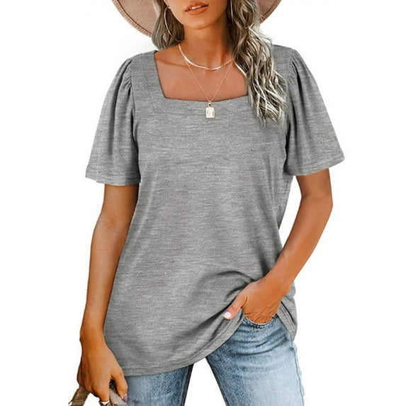Spencer Women Summer Puff Short Sleeve Blouse Square Neck T Shirts Solid Color Loose Tops Casual Shirt (S,Gray)