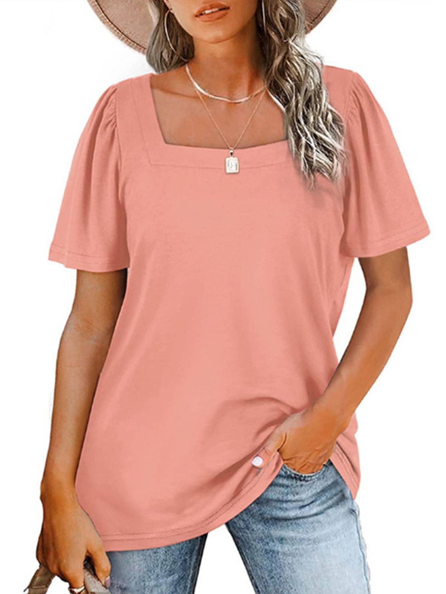 Spencer Women Summer Puff Short Sleeve Blouse Square Neck T Shirts ...