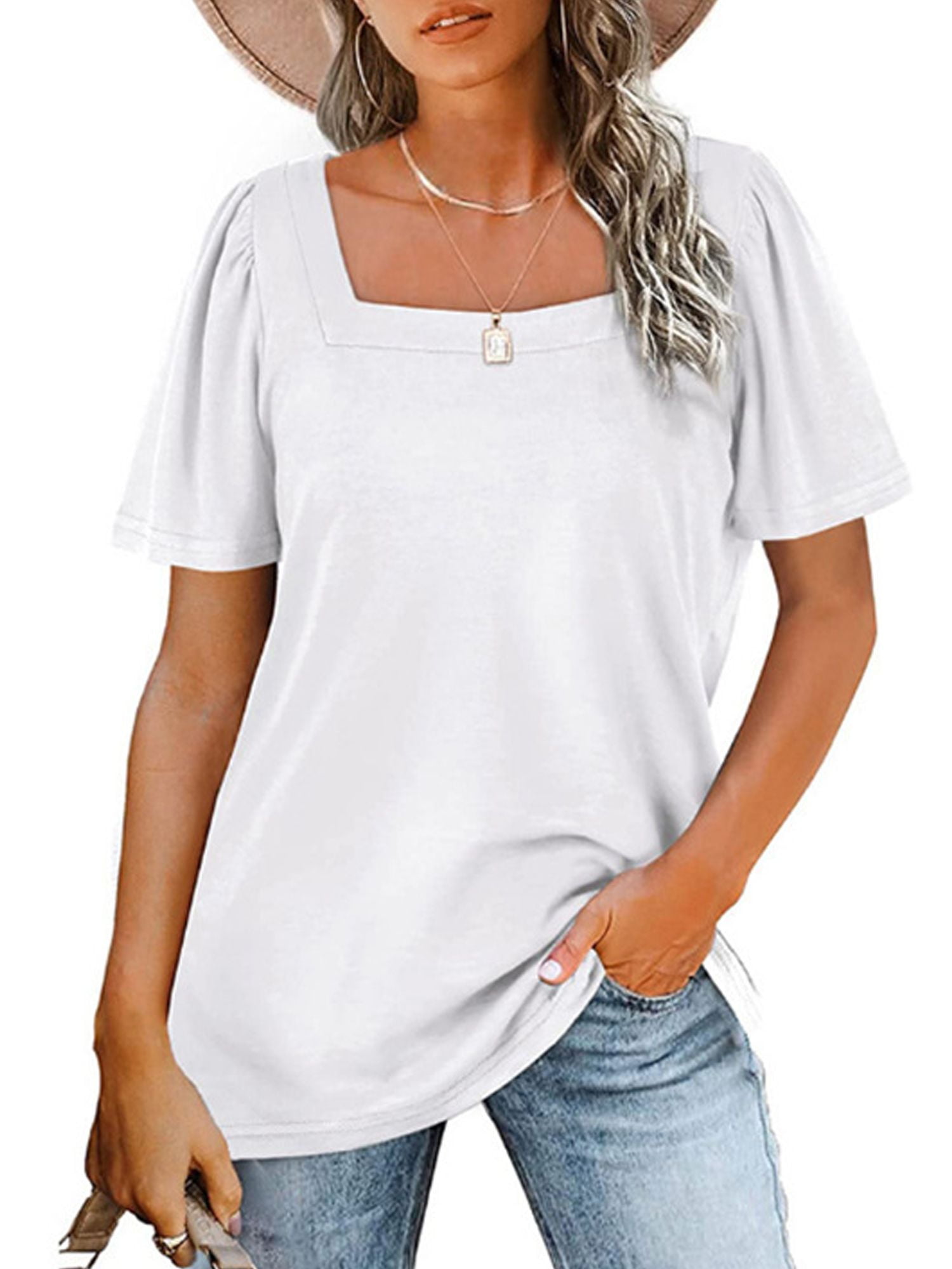 Spencer Women Summer Puff Short Sleeve Blouse Square Neck T Shirts ...