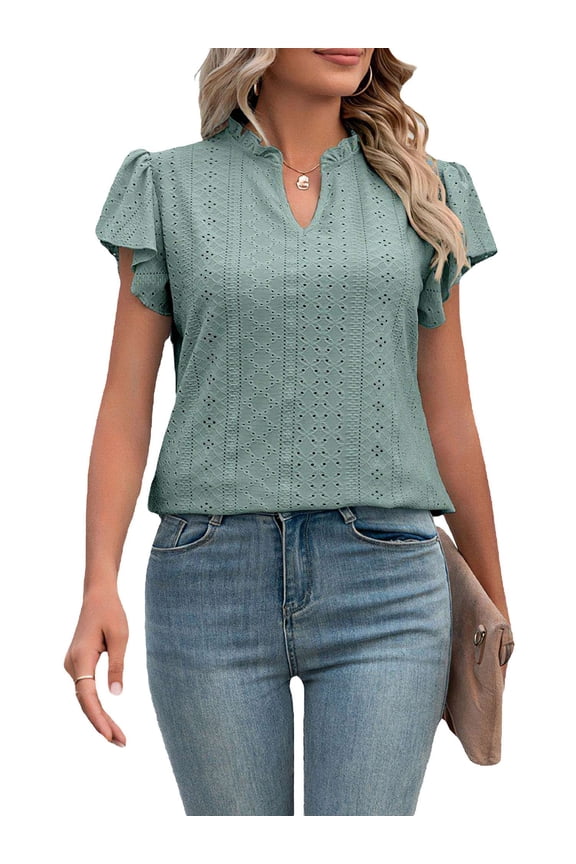 Women Tops Summer Dressy V Neck Ruffle Short Sleeve Shirts Casual Flowy Eyelet Blouses "Green,S"