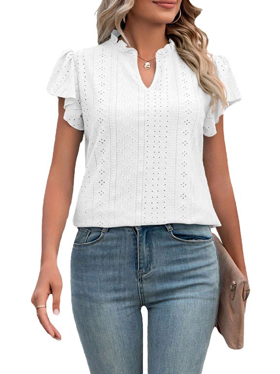 Women Tops Summer Dressy V Neck Ruffle Short Sleeve Shirts Casual Flowy Eyelet Blouses "White,L"