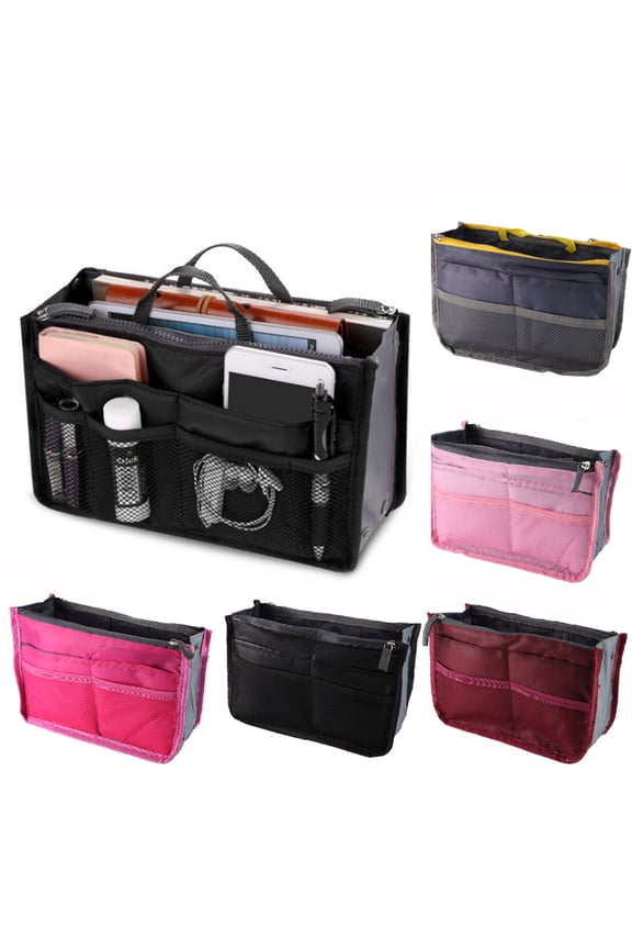 Women Travel Purse Insert Handbag Cosmetic Makeup Insert Liner Pouch Organizer Tidy Bag with 13 Pockets Compartments "Rose Red"