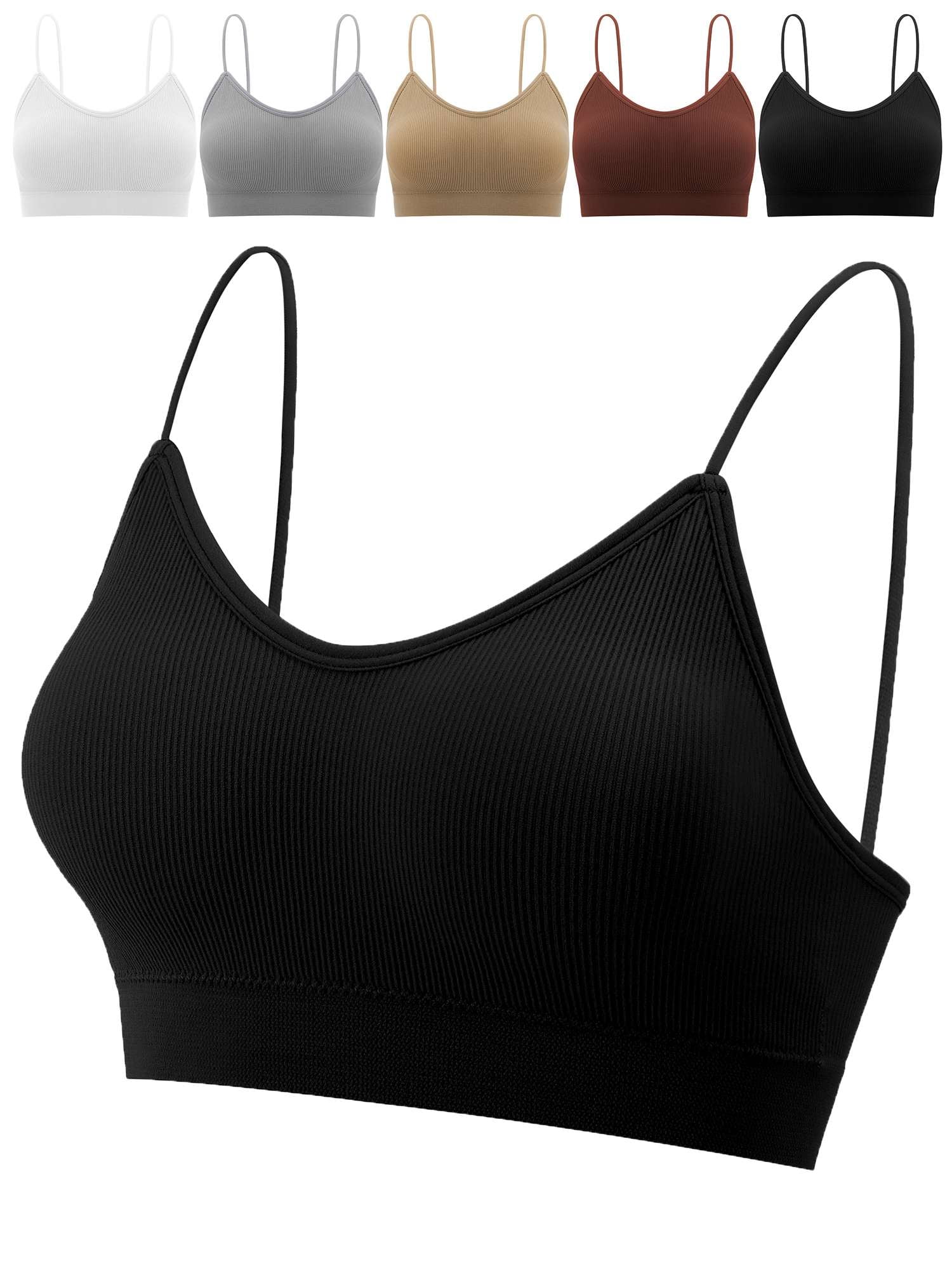 Spencer Women V Neck Cami Bra Bralettes Padded Seamless Bralette Straps Sleeping Bra Pullover Style Tank Top Bra "Caramel, L"