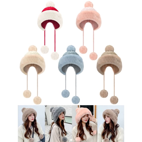 Spencer Women Winter Beanie Hat Peruvian Ski Ear Flaps Caps Fuzzy Pompom Beanie Hat Knit Fleece Lined Warm Hat, Gray