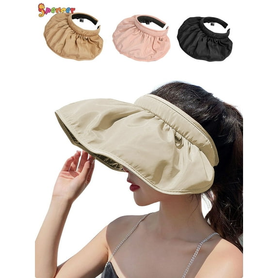 Spencer Women's 2 in 1 Sun Visor Hats Headbands Wide Brim Summer Anti-UV Protection Beach Cap Packable Shell Hat (Beige)