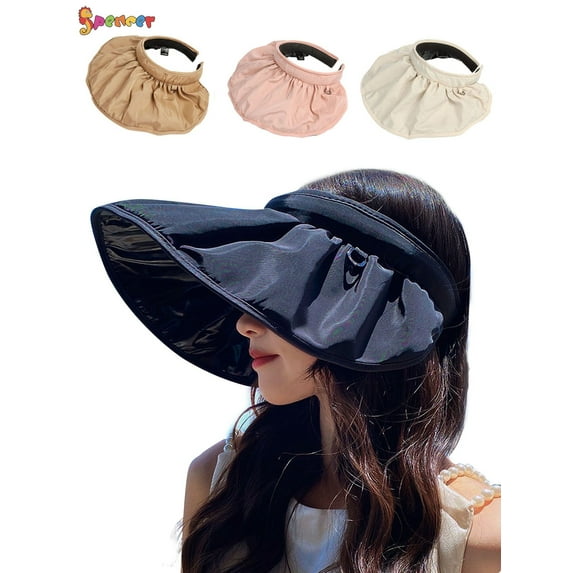 Spencer Women's 2 in 1 Sun Visor Hats Headbands Wide Brim Summer Anti-UV Protection Beach Cap Packable Shell Hat (Black)