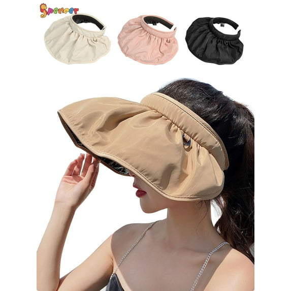 Spencer Women's 2 in 1 Sun Visor Hats Headbands Wide Brim Summer Anti-UV Protection Beach Cap Packable Shell Hat (Khaki)