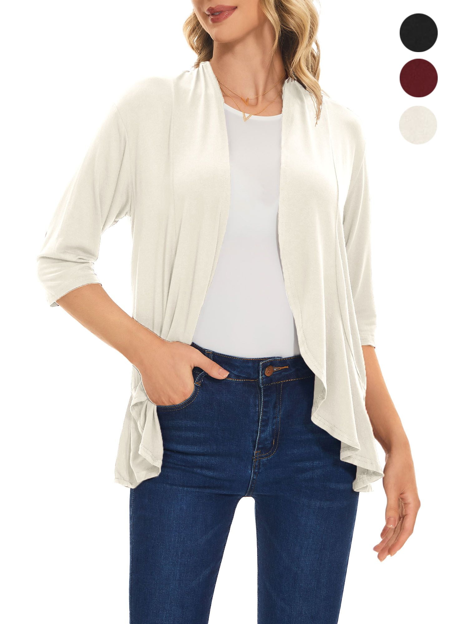 Draped Ruffles Spencer Women's 3/4 Sleeve Draped Ruffles Cardigans Open Front Waist ...
