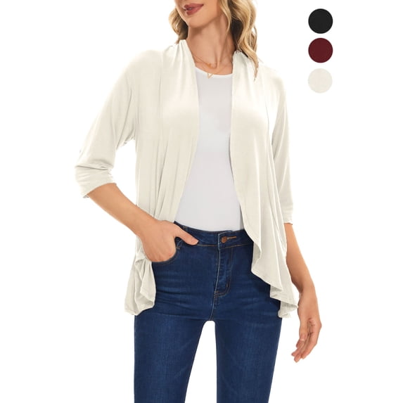 Spencer Women's 3/4 Sleeve Draped Ruffles Cardigans Open Front Waist Length Solid Cardigan Casual Tops "XL, Beige"