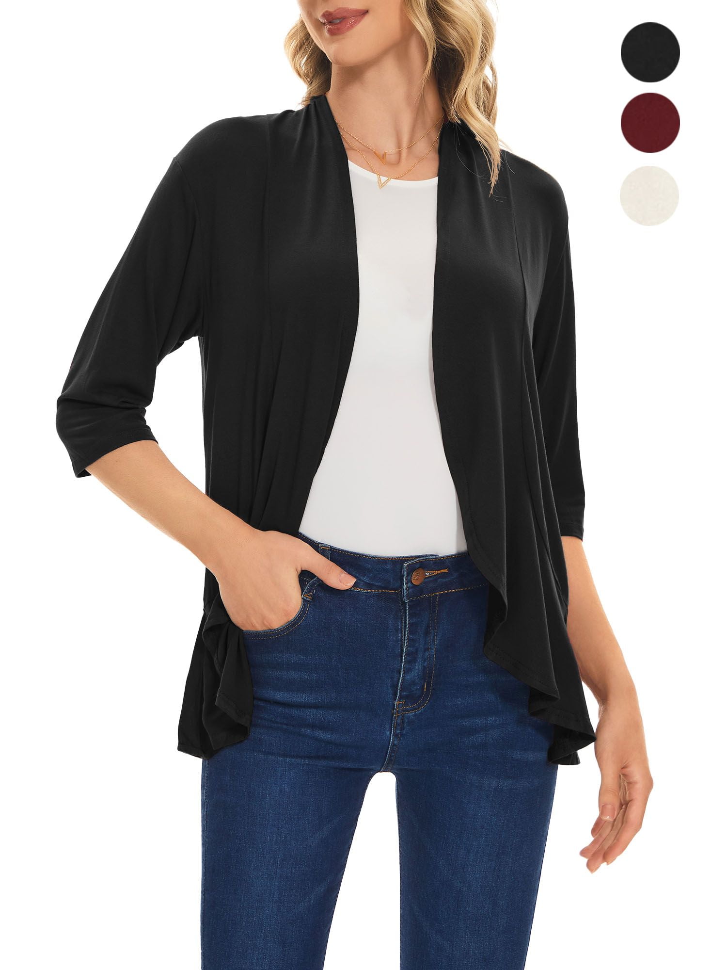 Draped Ruffles Spencer Women's 3/4 Sleeve Draped Ruffles Cardigans Open Front Waist ...