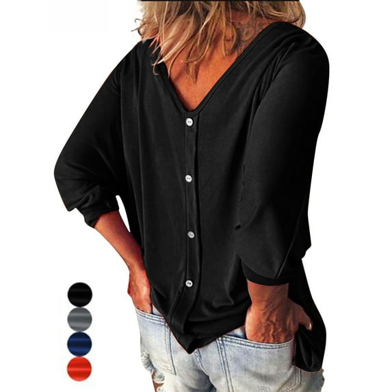 Spencer Women's 3/4 Sleeve Loose Blouse V Neck Back Buttons T Shirts Casual Solid Tops for Summer Fall Plus Size "Black,XL"