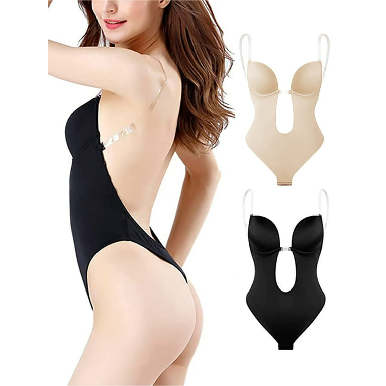 Backless Push Up Bra Deep Plunge Thong Full Body Shaper Suit Clear Straps  S-XL