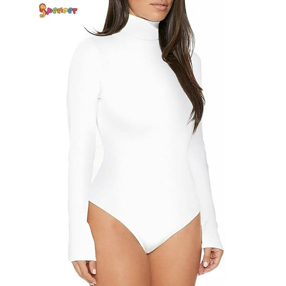 Spencer Women's Basic Solid Bodysuit Long-Sleeve Mock Turtleneck Leotard Tops Bodycon Jumpsuit