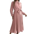 thumbnail image 1 of Spencer Women's Belted Midi Shirtdress Long Sleeves Dress, Spring Fall Casual Turtleneck Pleated A Line Flowy Dresses, Size S-XL, 1 of 11