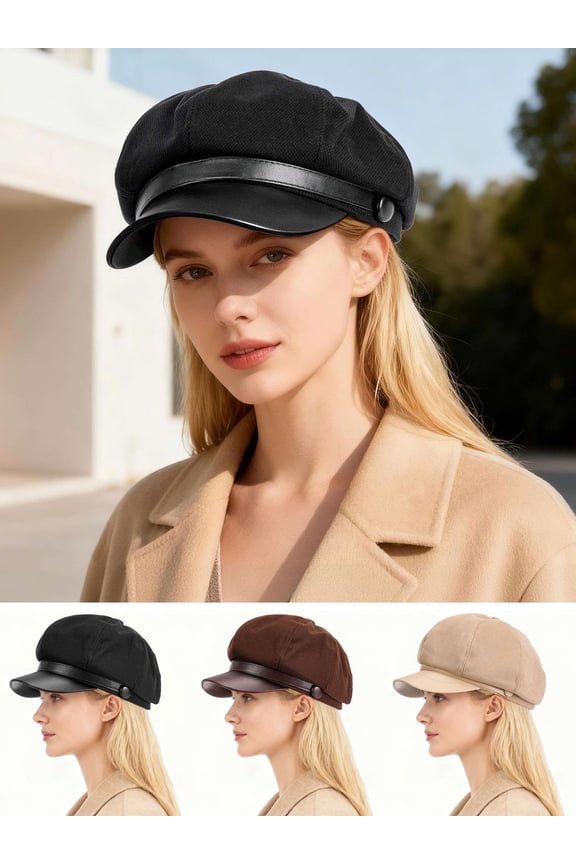 Women's Beret Hat Solid Color Newsboy Hats and Caps Octagonal Beret for Women, Black