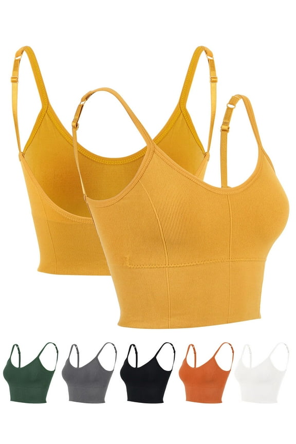 Women's Cami Bra Padded Bralettes Seamless Sports Bra Spaghetti Strap Bra Top Solid Bandeau Yoga Workout Tank "Black"