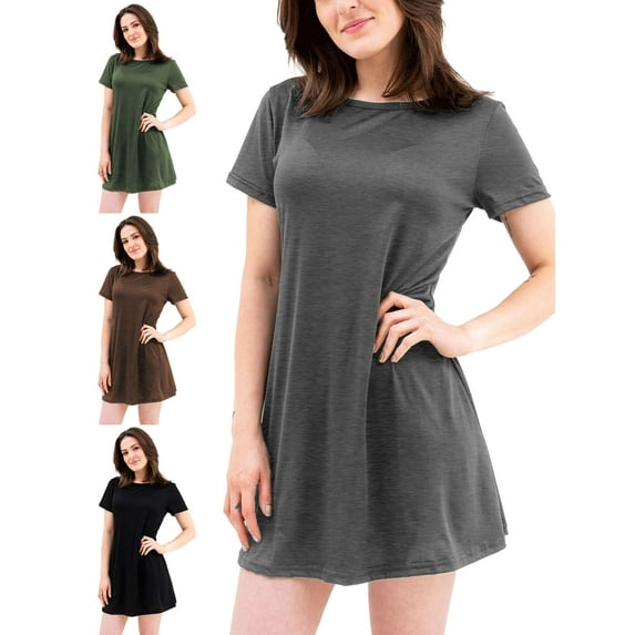 Spencer Women's Casual Summer Short Sleeve T-Shirt Dress A-Line Round Neckline Beach Swing Dress "L, Gray"