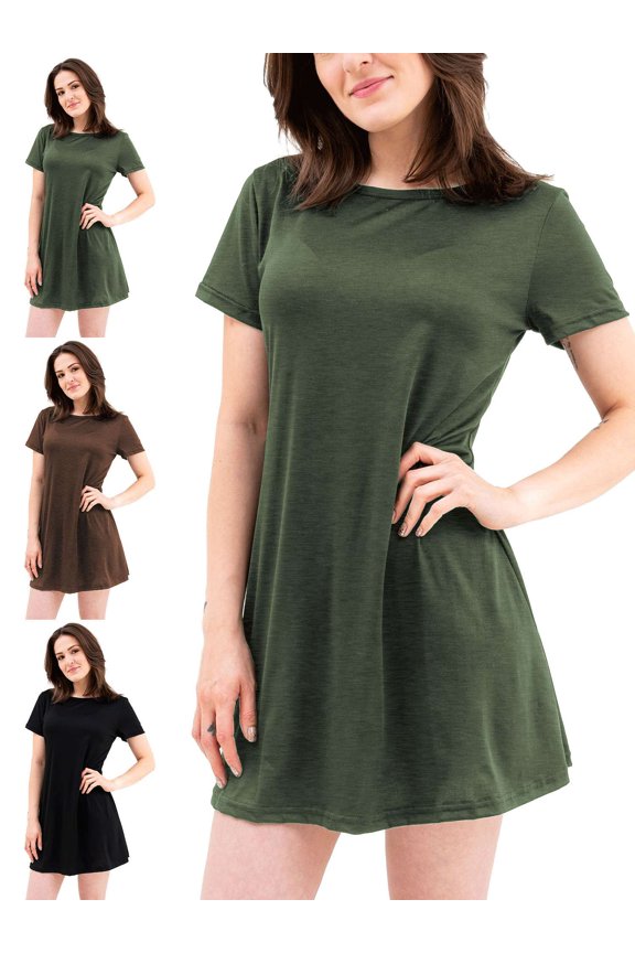 Women's Casual Summer Short Sleeve T-Shirt Dress A-Line Round Neckline Beach Swing Dress "L, Green"